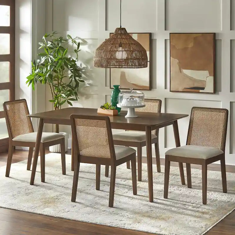 Walnut/Beige Cane Back Dining Chair, Mid-Century Style, Set of 2