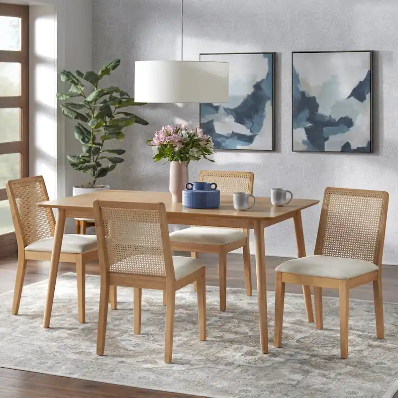 Walnut/Beige Cane Back Dining Chair, Mid-Century Style, Set of 2