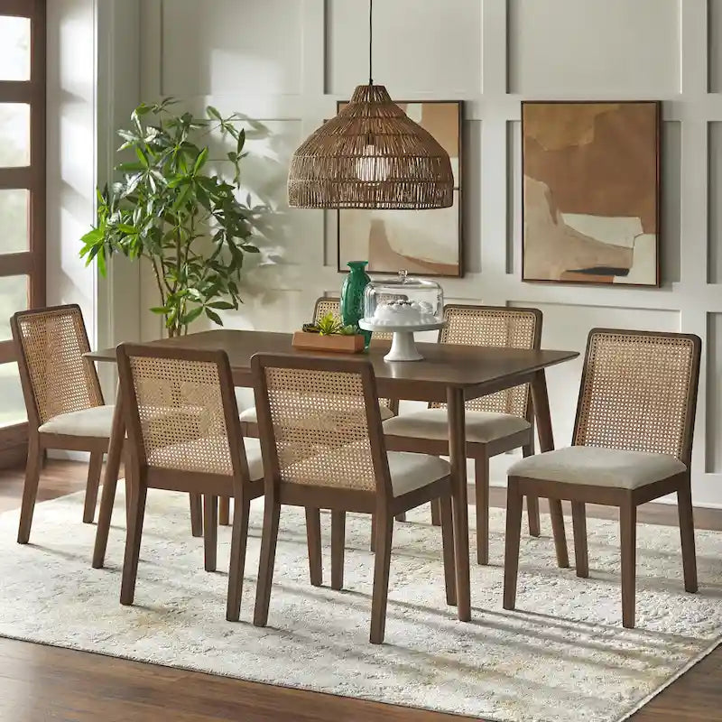 Walnut/Beige Cane Back Dining Chair, Mid-Century Style, Set of 2