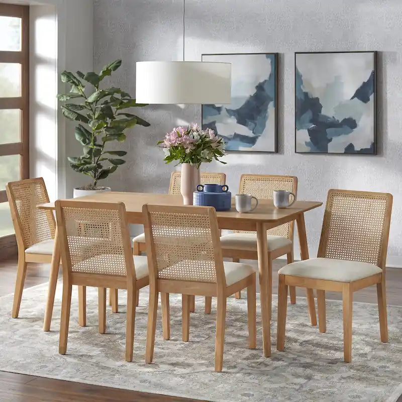 Walnut/Beige Cane Back Dining Chair, Mid-Century Style, Set of 2