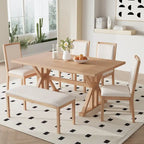 Natural / Beige+Grey 6-Piece Farmhouse Dining Set – Table, 4 Chairs & Bench (Seats 6)