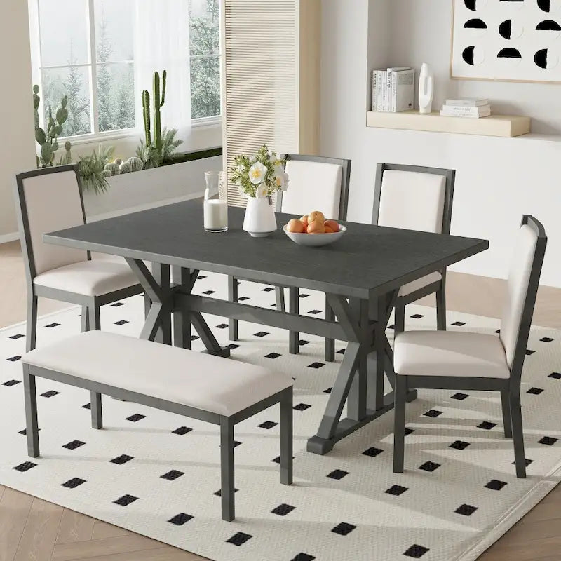 Ensemble de salle à manger 6 pièces de style Ferme, couleur Naturel / Beige + Gris – Table, 4 chaises et banc (6 places)