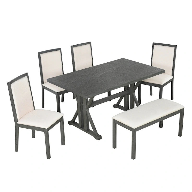 Natural / Beige+Grey 6-Piece Farmhouse Dining Set – Table, 4 Chairs & Bench (Seats 6)