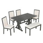 Natural / Beige+Grey 6-Piece Farmhouse Dining Set – Table, 4 Chairs & Bench (Seats 6)