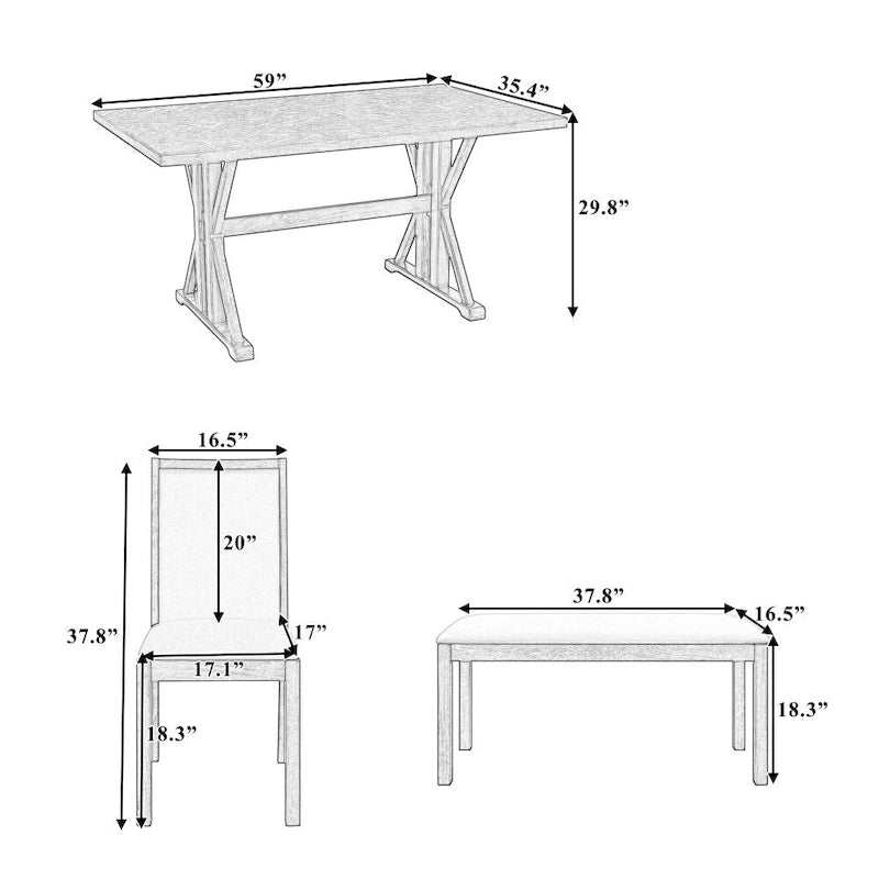 Natural / Beige+Grey 6-Piece Farmhouse Dining Set – Table, 4 Chairs & Bench (Seats 6)