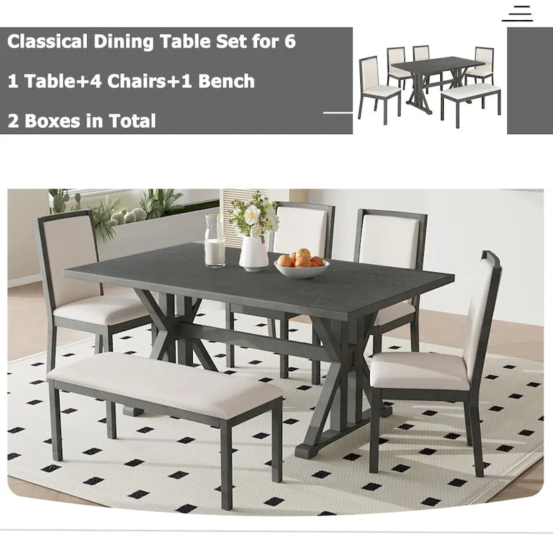 Natural / Beige+Grey 6-Piece Farmhouse Dining Set – Table, 4 Chairs & Bench (Seats 6)