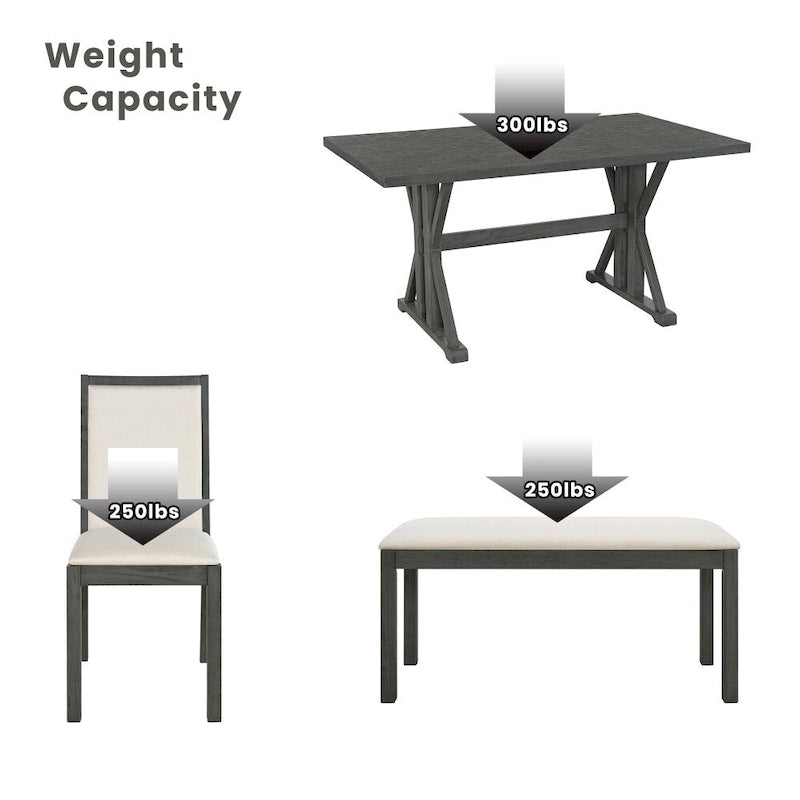 Natural / Beige+Grey 6-Piece Farmhouse Dining Set – Table, 4 Chairs & Bench (Seats 6)