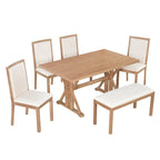 Natural / Beige+Grey 6-Piece Farmhouse Dining Set – Table, 4 Chairs & Bench (Seats 6)