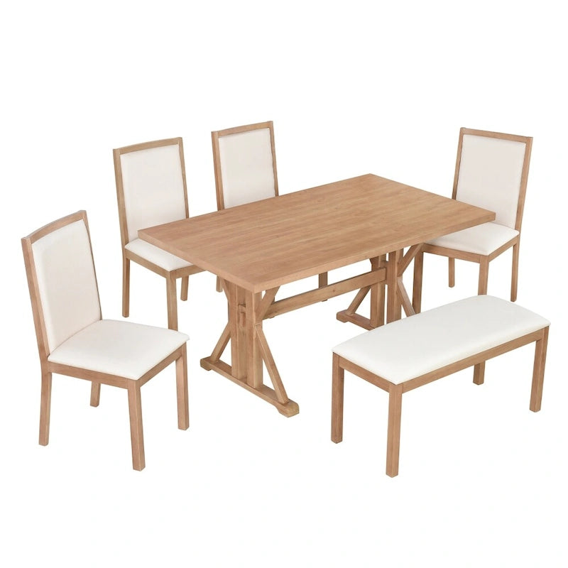 Natural / Beige+Grey 6-Piece Farmhouse Dining Set – Table, 4 Chairs & Bench (Seats 6)