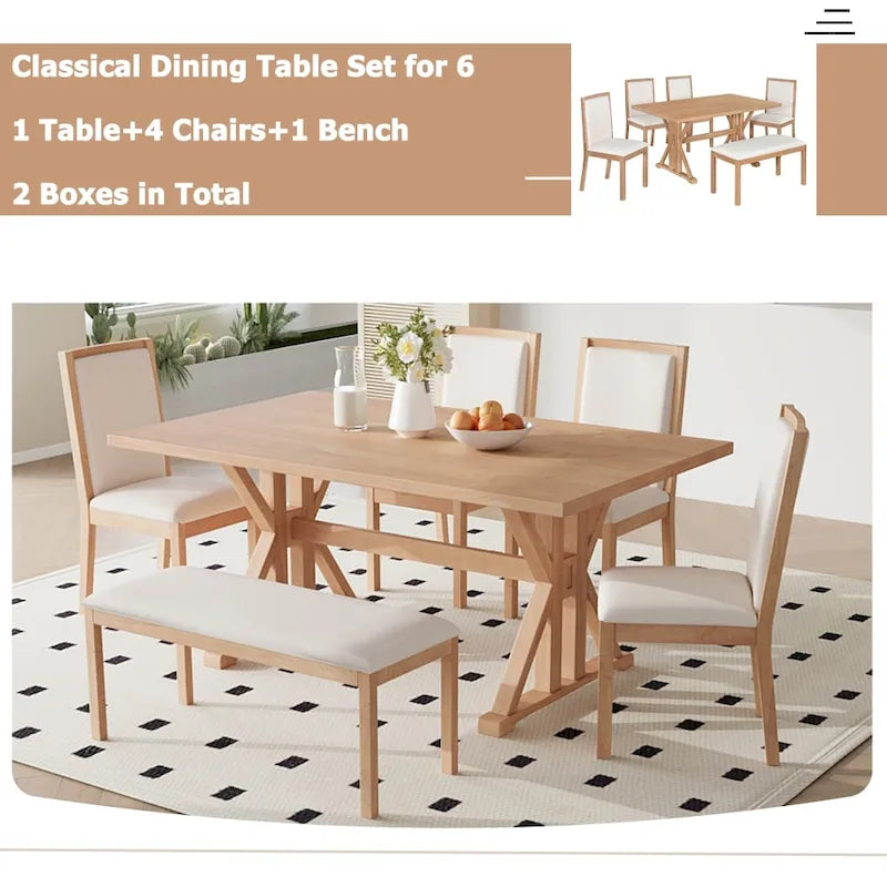 Natural / Beige+Grey 6-Piece Farmhouse Dining Set – Table, 4 Chairs & Bench (Seats 6)