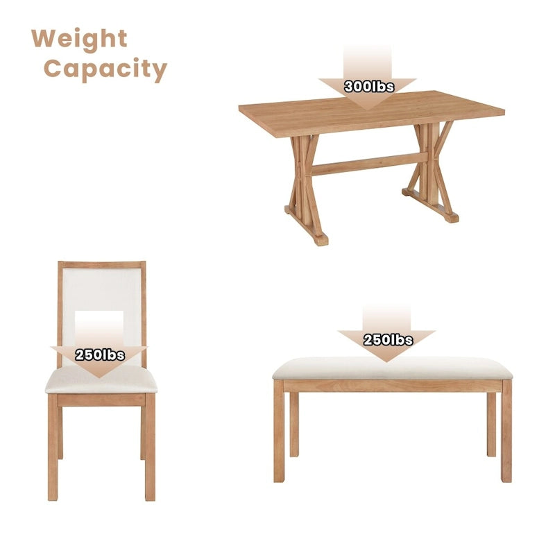 Natural / Beige+Grey 6-Piece Farmhouse Dining Set – Table, 4 Chairs & Bench (Seats 6)