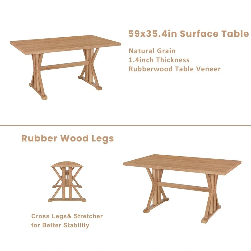 Natural / Beige+Grey 6-Piece Farmhouse Dining Set – Table, 4 Chairs & Bench (Seats 6)