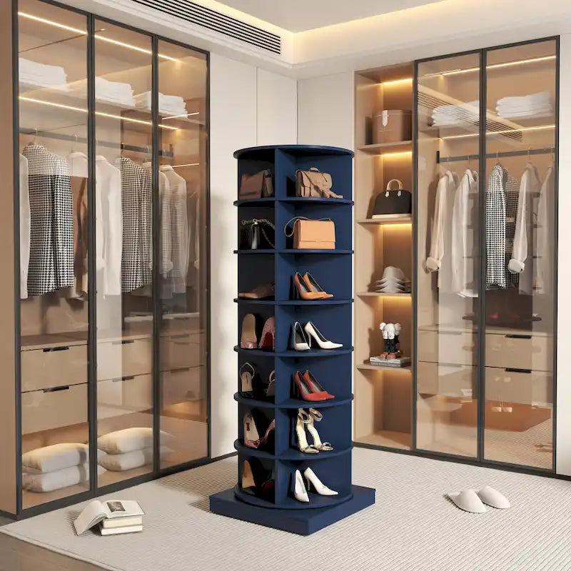Meuble à chaussures rotatif à 360°, bleu marine/vert, 7 niveaux, jusqu'à 24 paires