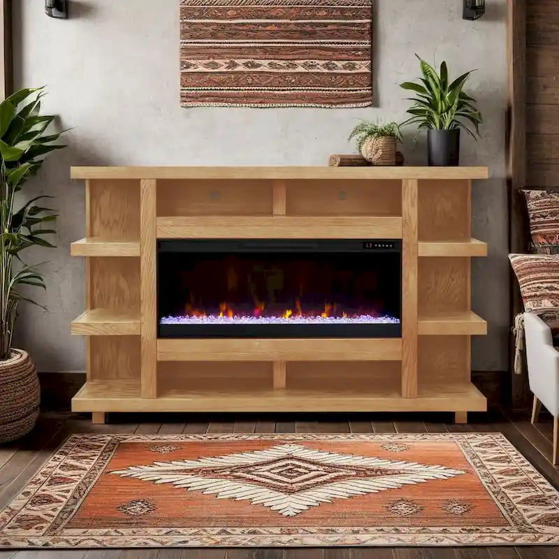 72" Electric Fireplace TV Console – Natural / Oak Bourbon / Clove, Modern Rustic Style, Single Room