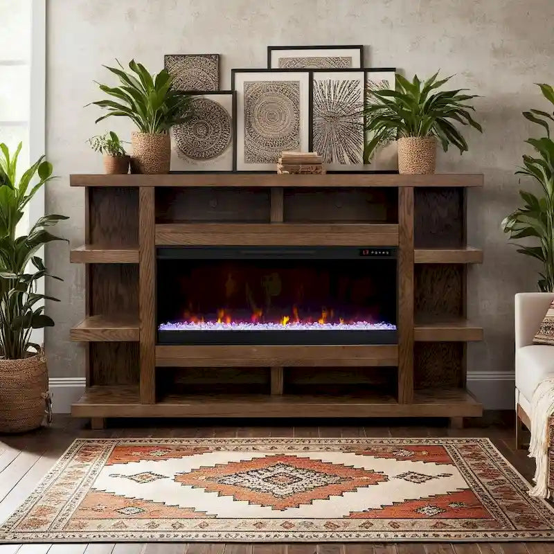 72" Electric Fireplace TV Console – Natural / Oak Bourbon / Clove, Modern Rustic Style, Single Room