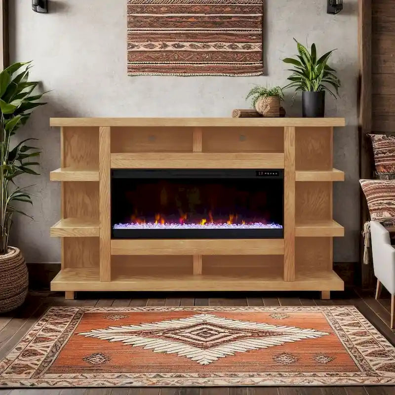 72" Electric Fireplace TV Console – Natural / Oak Bourbon / Clove, Modern Rustic Style, Single Room