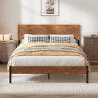 Brown Queen Bed Frame, Iron & MDF Headboard, 2-Person