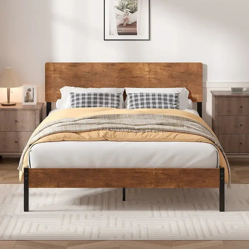 Javlergo Elegant Iron Queen Bed Frame with MDF Headboard & Footboard - Modern Industrial Style
