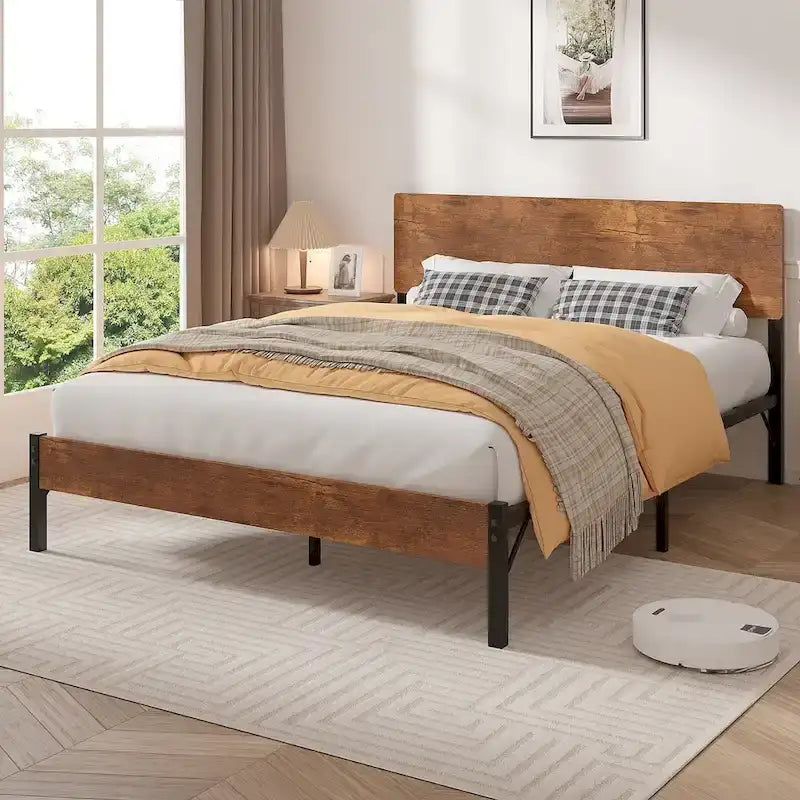 Brown Queen Bed Frame, Iron & MDF Headboard, 2-Person