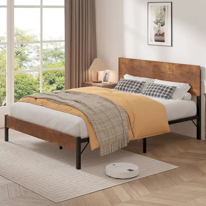 Brown Queen Bed Frame, Iron & MDF Headboard, 2-Person