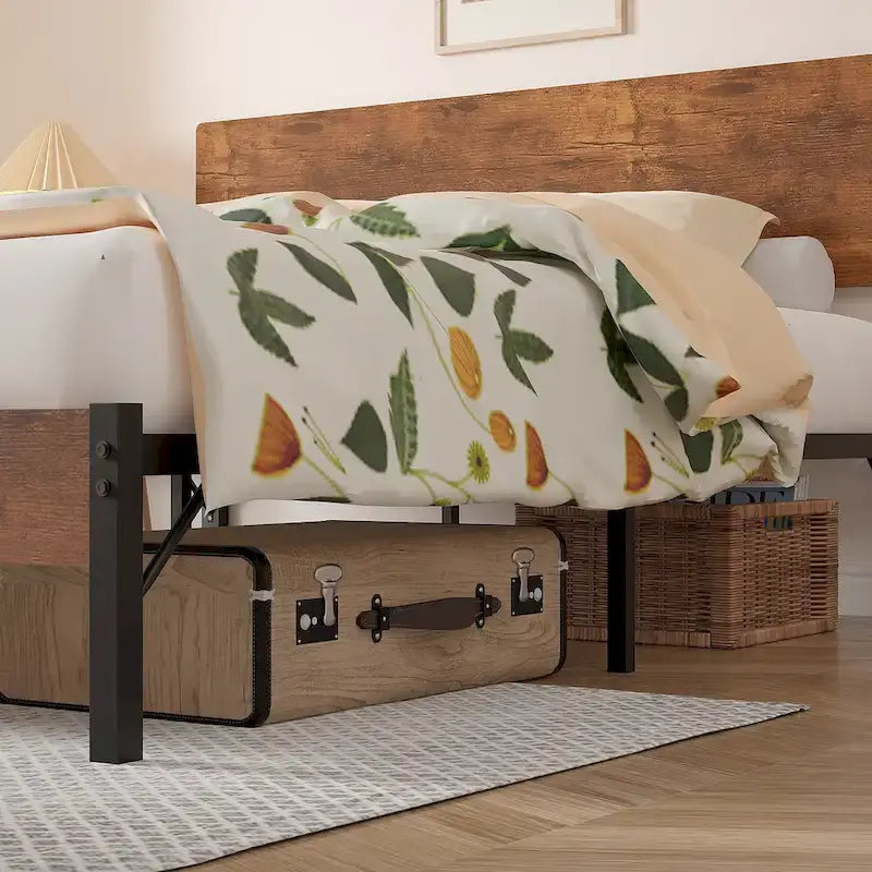 Brown Queen Bed Frame, Iron & MDF Headboard, 2-Person
