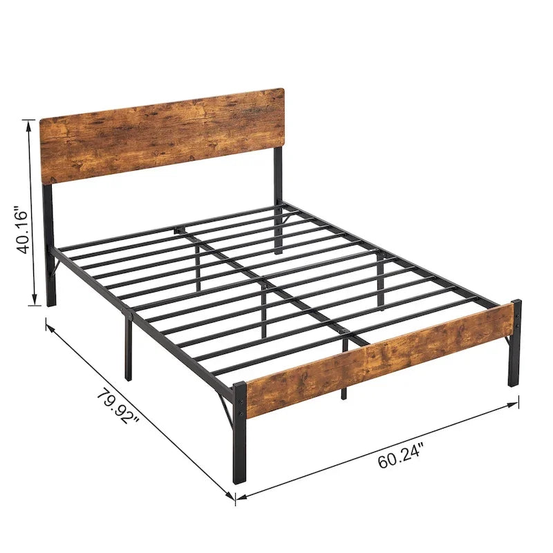 Brown Queen Bed Frame, Iron & MDF Headboard, 2-Person
