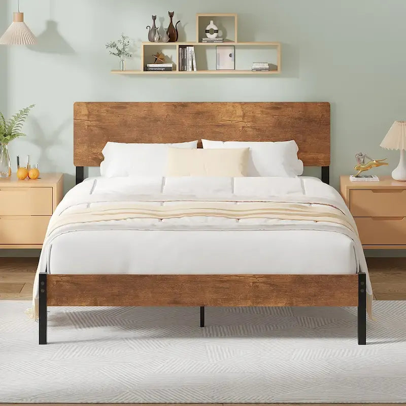 Brown Queen Bed Frame, Iron & MDF Headboard, 2-Person
