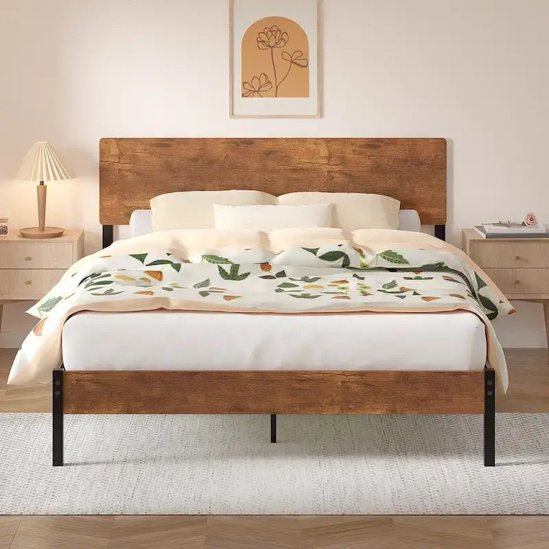 Brown Queen Bed Frame, Iron & MDF Headboard, 2-Person