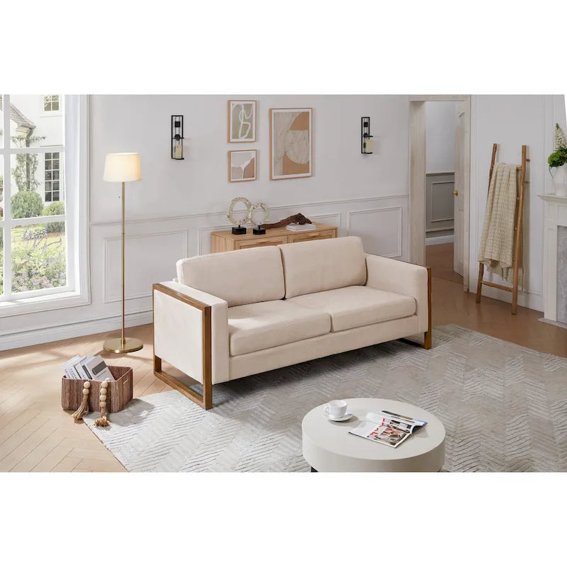 Taupe / White Modern 3-Seater Sofa with Solid Wood Legs