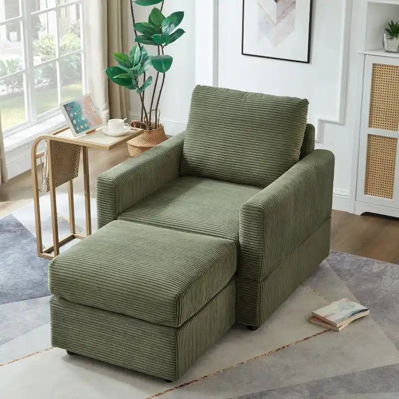 Fauteuil club en velours côtelé gris avec pouf, une place
