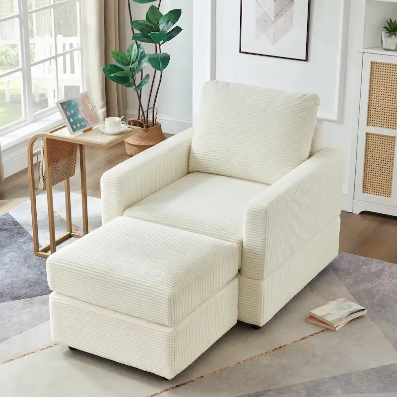 Fauteuil club en velours côtelé gris avec pouf, une place