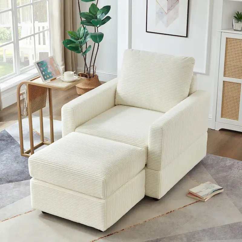 Grey Corduroy Club Chair with Ottoman, Single Seat