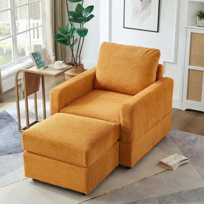Grey Corduroy Club Chair with Ottoman, Single Seat