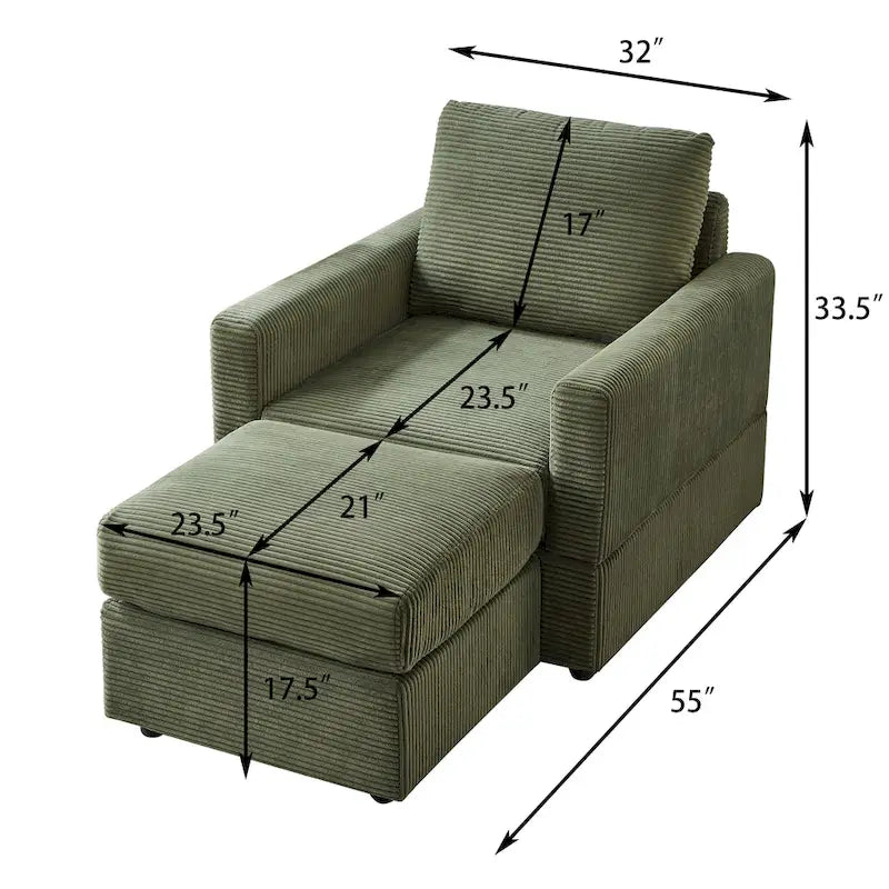 Grey Corduroy Club Chair with Ottoman, Single Seat