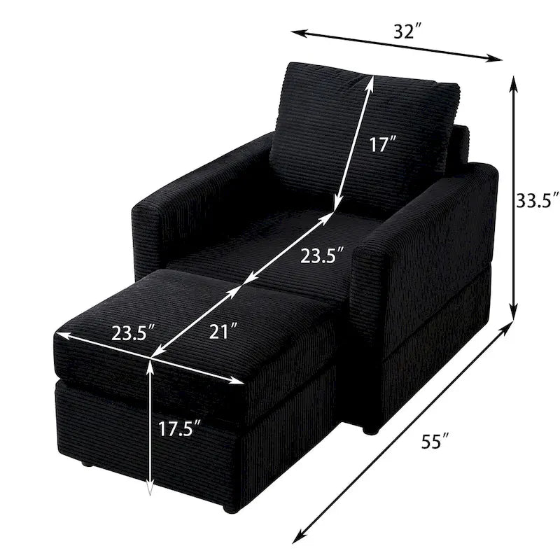 Grey Corduroy Club Chair with Ottoman, Single Seat