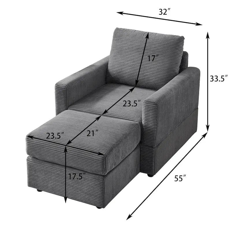 Grey Corduroy Club Chair with Ottoman, Single Seat