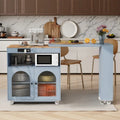 Grey Blue / Navy Blue / White Rolling Kitchen Island with Extendable Table, LED Glass Cabinet, for 1–2