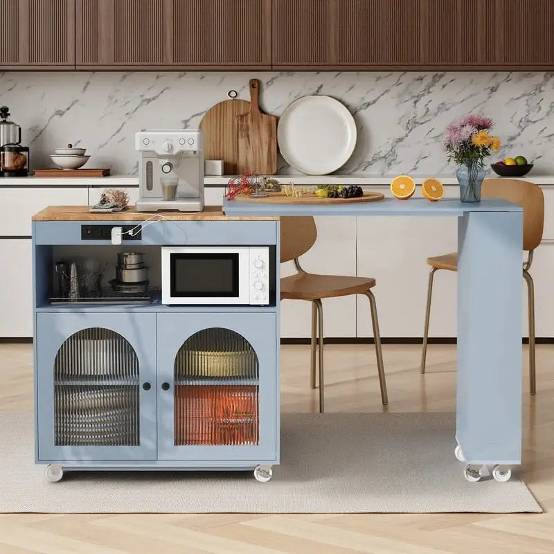 Grey Blue / Navy Blue / White Rolling Kitchen Island with Extendable Table, LED Glass Cabinet, for 1–2