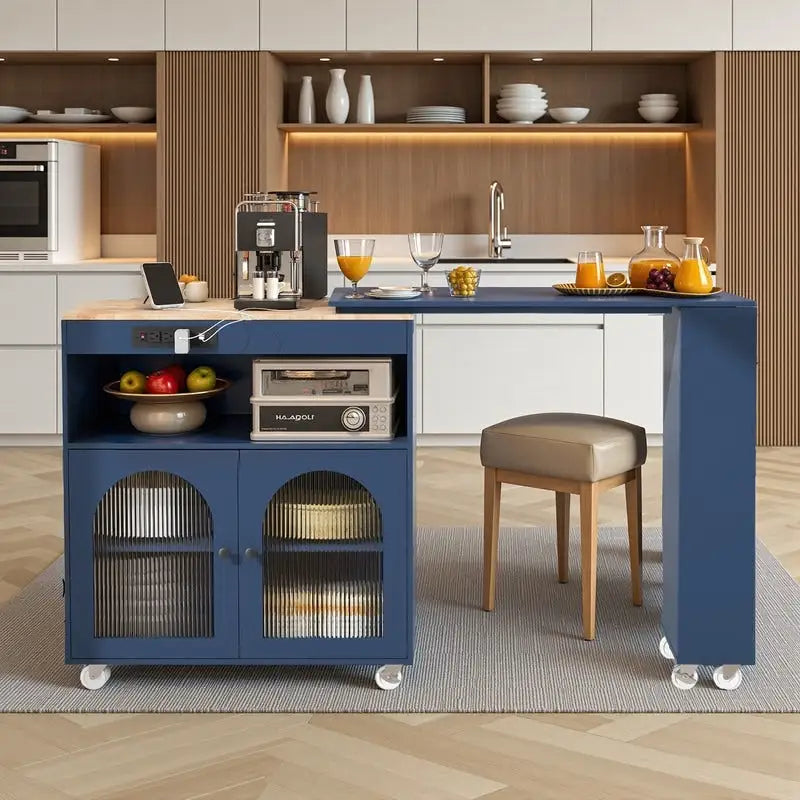 Gris Bleu / Bleu Marine / Blanc Îlot de cuisine roulant avec table extensible, meuble vitré LED, pour 1 à 2