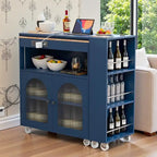 Grey Blue / Navy Blue / White Rolling Kitchen Island with Extendable Table, LED Glass Cabinet, for 1–2