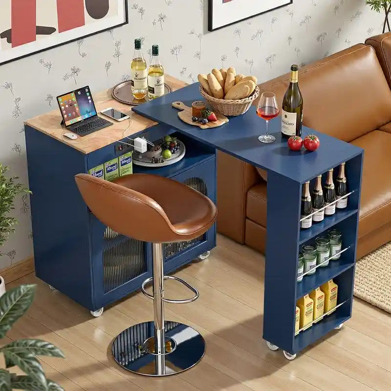 Grey Blue / Navy Blue / White Rolling Kitchen Island with Extendable Table, LED Glass Cabinet, for 1–2