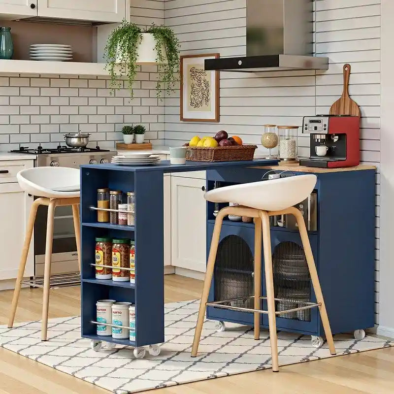 Grey Blue / Navy Blue / White Rolling Kitchen Island with Extendable Table, LED Glass Cabinet, for 1–2