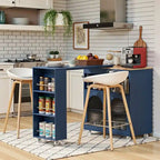 Grey Blue / Navy Blue / White Rolling Kitchen Island with Extendable Table, LED Glass Cabinet, for 1–2