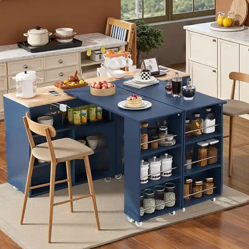 Grey Blue / Navy Blue / White Rolling Kitchen Island with Extendable Table, LED Glass Cabinet, for 1–2