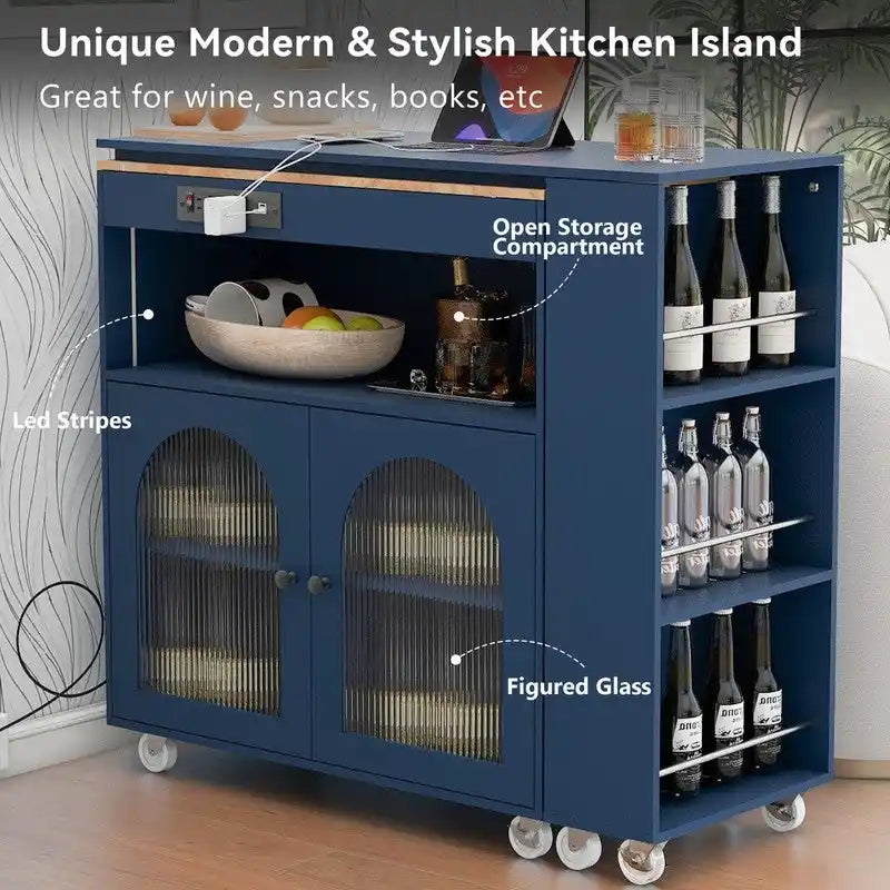 Grey Blue / Navy Blue / White Rolling Kitchen Island with Extendable Table, LED Glass Cabinet, for 1–2