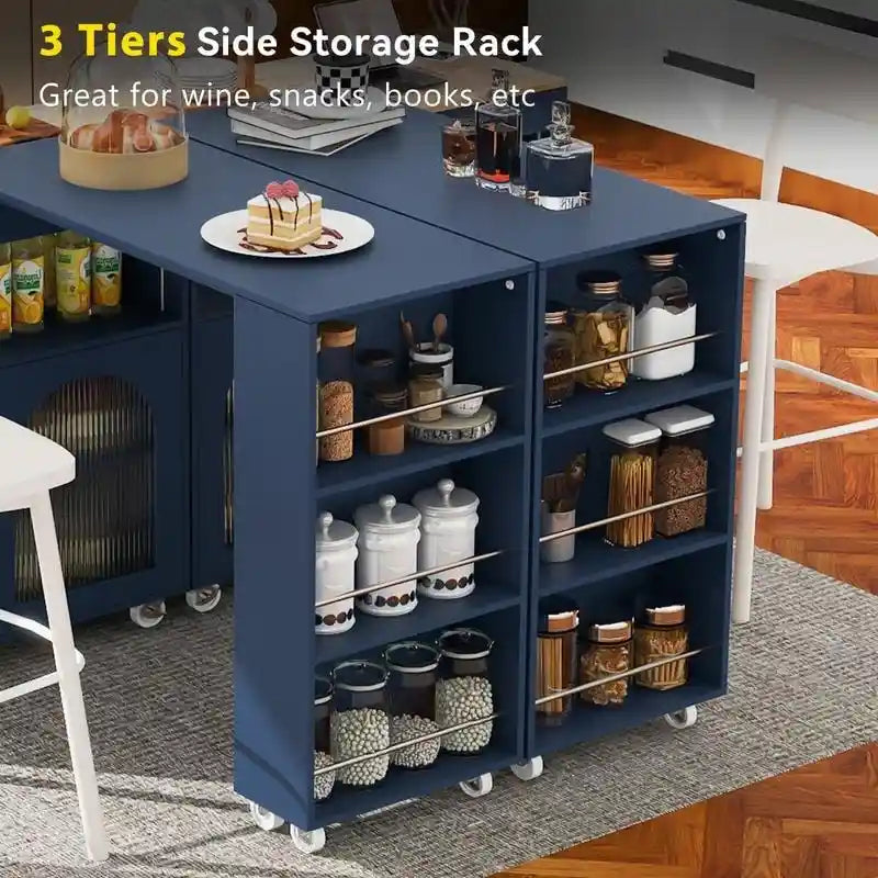 Grey Blue / Navy Blue / White Rolling Kitchen Island with Extendable Table, LED Glass Cabinet, for 1–2
