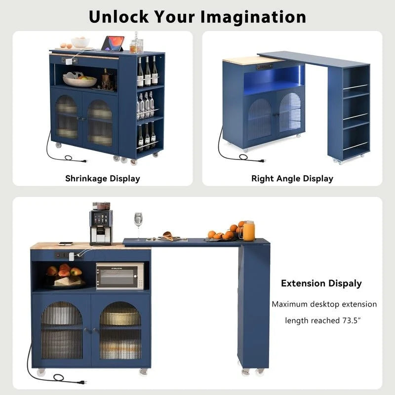 Grey Blue / Navy Blue / White Rolling Kitchen Island with Extendable Table, LED Glass Cabinet, for 1–2