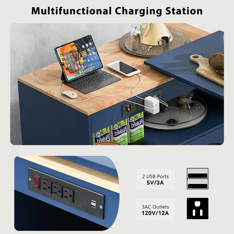 Grey Blue / Navy Blue / White Rolling Kitchen Island with Extendable Table, LED Glass Cabinet, for 1–2