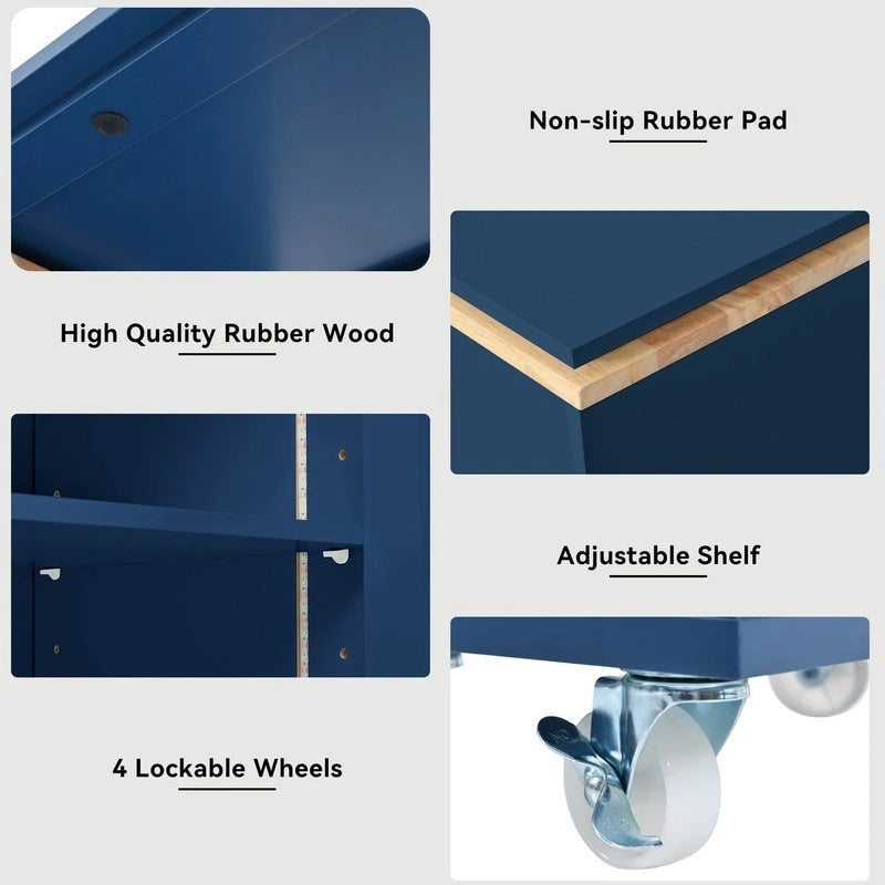 Grey Blue / Navy Blue / White Rolling Kitchen Island with Extendable Table, LED Glass Cabinet, for 1–2