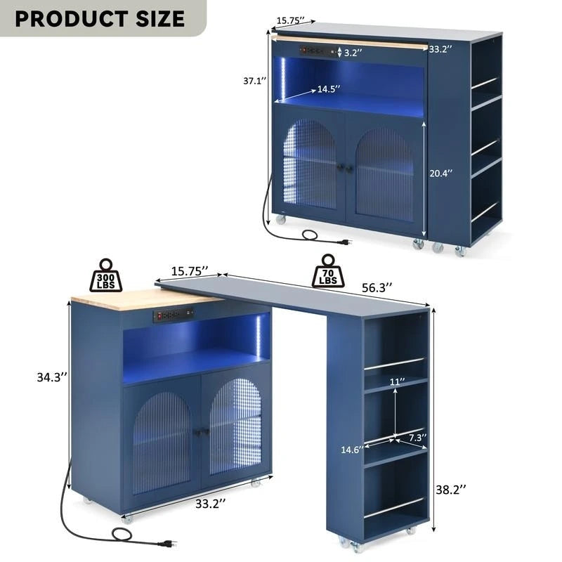 Grey Blue / Navy Blue / White Rolling Kitchen Island with Extendable Table, LED Glass Cabinet, for 1–2